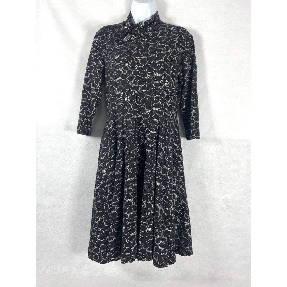 Effie's Heart Dress Women's Large Black Fit & Flare Black  Apple Motif Tie Neck